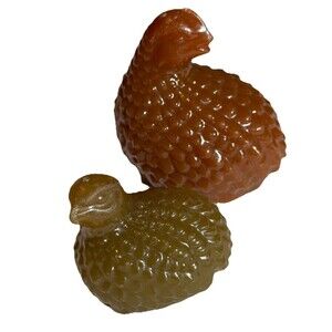 Set of 2 Vintage Lucite Quail Bird Figurines MCM Green Brown Plastic